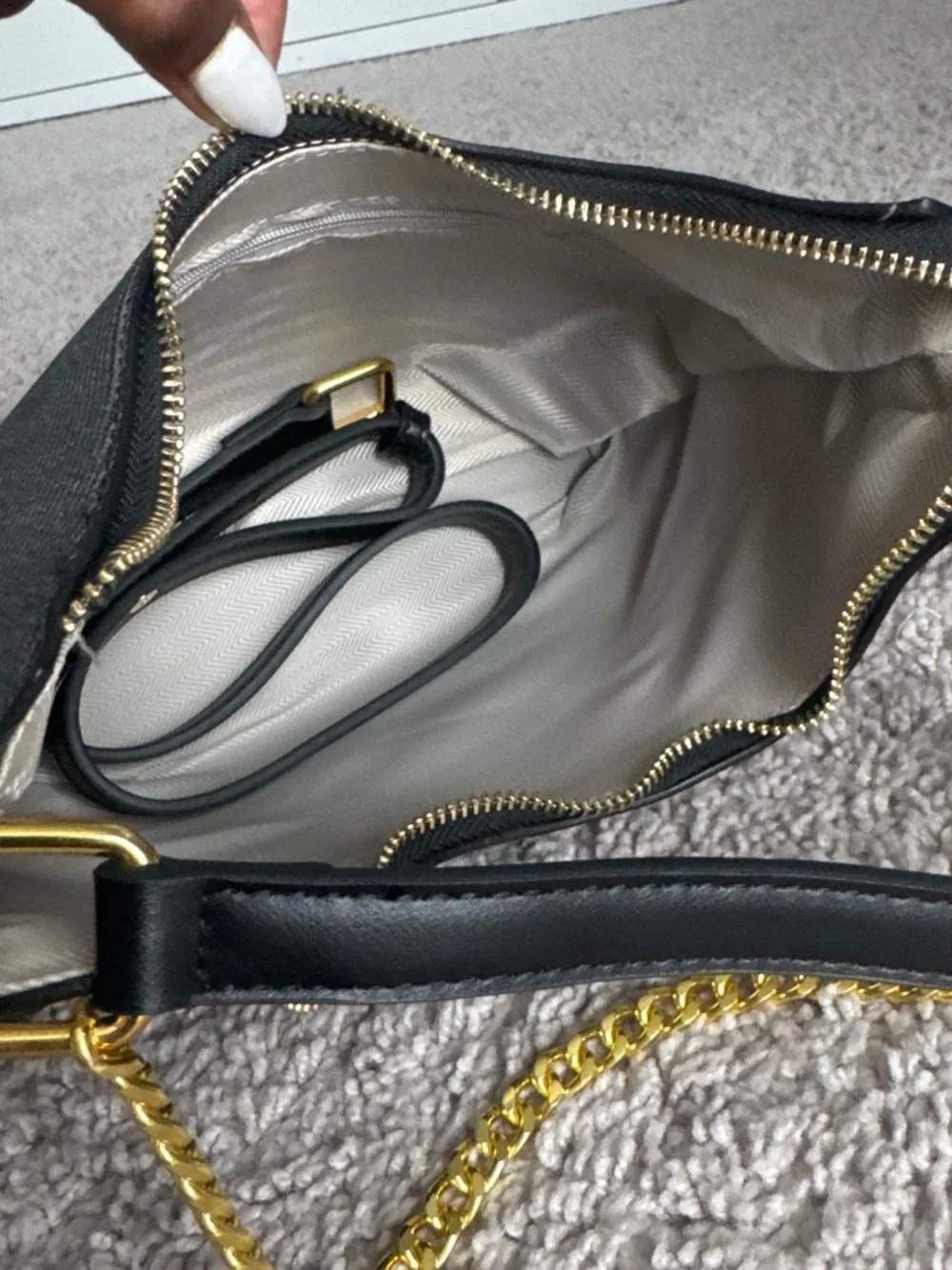 Black Crescent Shoulder Bag with Gold Chain Accent